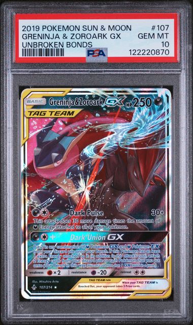 PSA GEM MT 10 – GRENINJA & ZOROARK GX UNBROKEN BONDS 2019 POKEMON SUN & MOON UNBROKEN BONDS